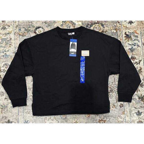 PUMA Women's Fleece Crewneck Sweatshirt Badge Size Large Black - Picture 1 of 5